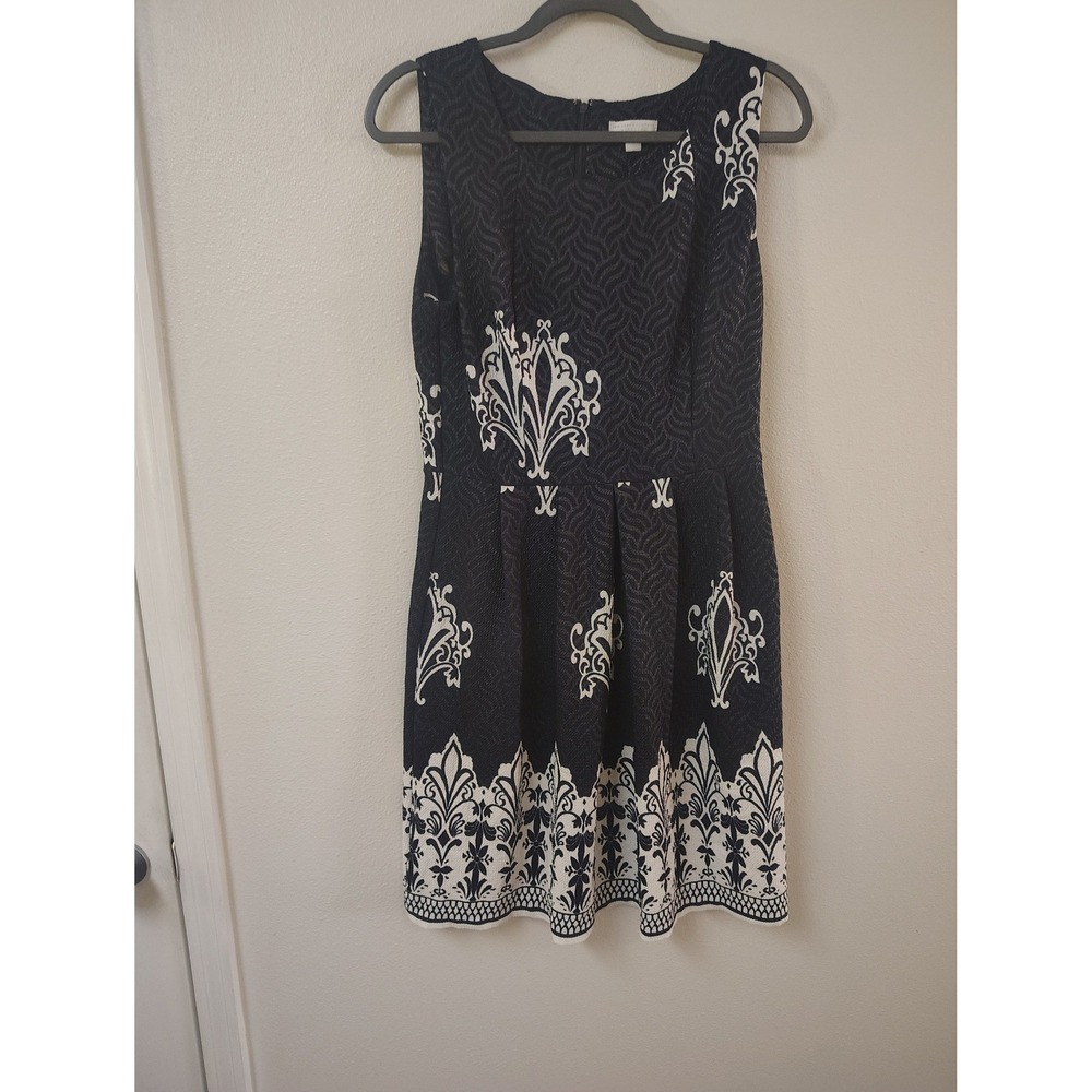 New York & Company Black White Damask Border Print Fit Flare Dress Womens Medium